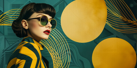 Stylish retro-futuristic woman with sunglasses against a graphic background with golden geometric shapes, evoking a vintage yet modern fashion aesthetic