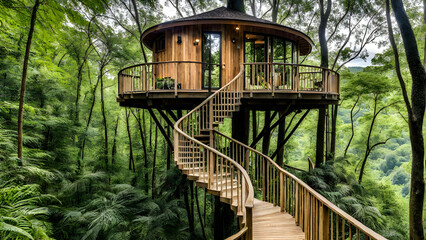 Treehouse retreat nestled high in the canopy, with a spiral staircase and panoramic views of the forest below.

