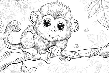 Fototapeta premium Black and white illustration for coloring animals, monkey.