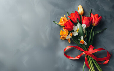 a cheerful card,International Women's Day,Mom's Day, macro,spring flower,tulip,daffodil,ribbon