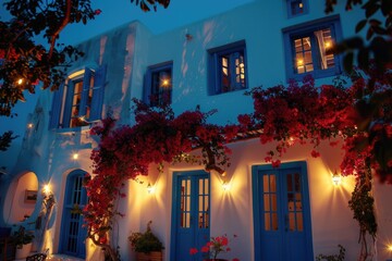 Night view of hotel on Santorini island in Greece.