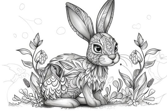 Black and white illustration for coloring animals, rabbit.