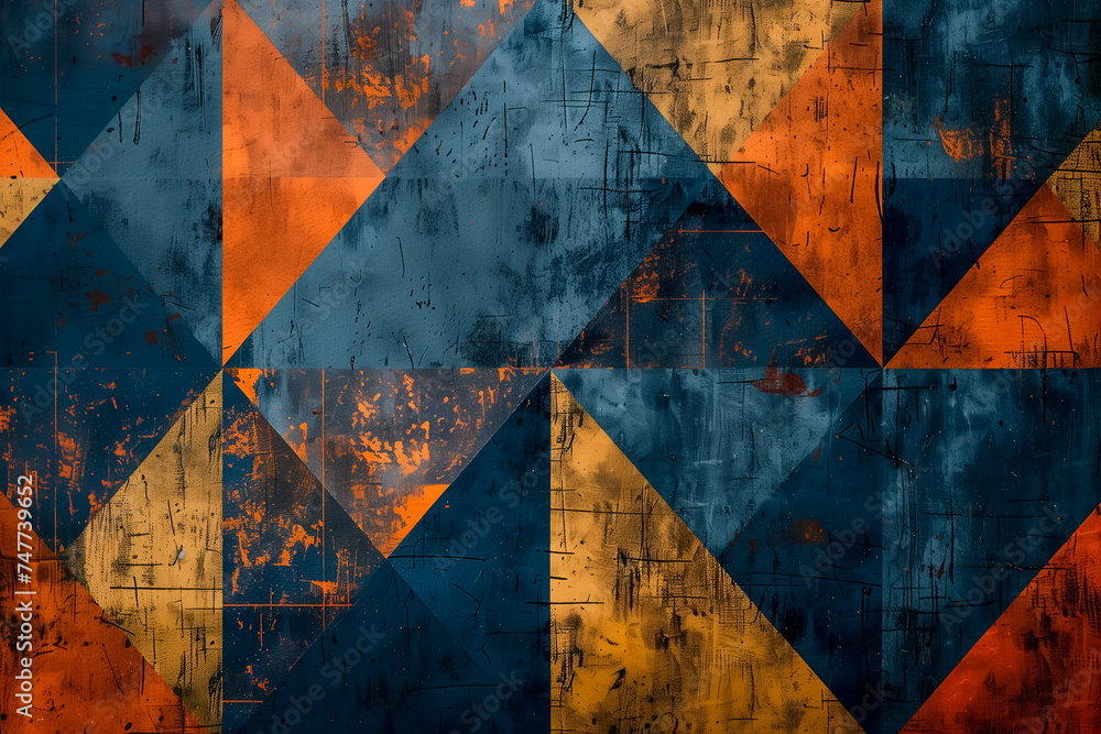 Poster abstract geometric background with a distressed texture in orange and navy tones, suitable for moder