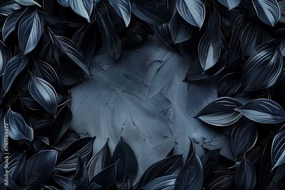 Poster abstract monochrome background of layered dark leaves with a subtle central vignette and a moody, dr