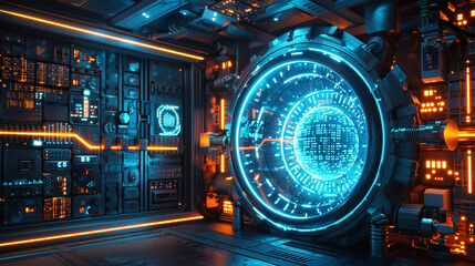 A cybersecure vault in a digital world against a matrix style background