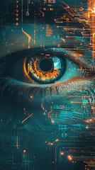 Futuristic digital eyes scanning for cybersecure threats circuit background