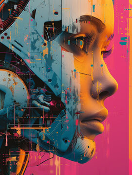 Human and robot sharing AI generated art blending creativity and technology