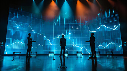 Performers on a stage of financial graphs acting out the investment plan - obrazy, fototapety, plakaty