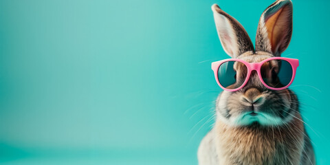 Adorable rabbit wearing pink sunglasses against a turquoise background, perfect for Easter-themed projects and springtime promotions