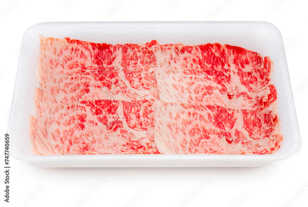 Wall mural close up red beef, slices wagyu beef with marbled texturein packaging isolate on white with clipping