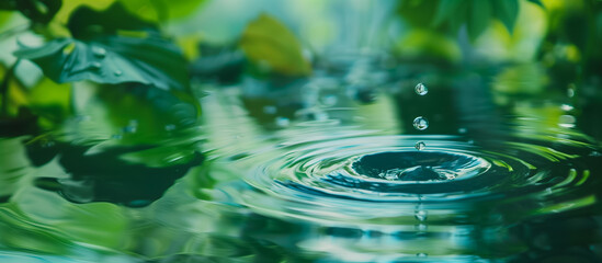 Serene water droplets falling into a tranquil pond, creating concentric ripples, surrounded by lush green foliage, symbolizing peace and nature's purity