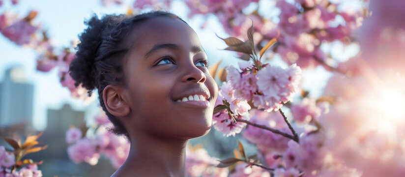 Joyful African American child embracing springtime amid blooming pink cherry blossoms, with a glowing sunset in the background
