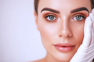 Obraz premium Beautician doing Face skin check before plastic surgery for Caucasian girl