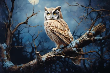 Deurstickers A painting of a owl on a branch with a full moon in the background © Rehman