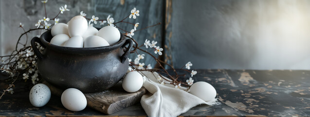 Rustic style Easter composition with a black ceramic pot filled with white eggs and spring blossom on an aged wooden surface
