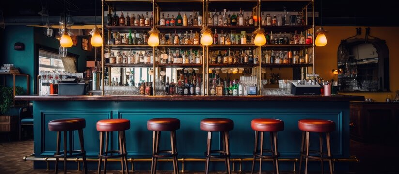 A stylish bar interior featuring a row of stools positioned in front of a counter. The counter is equipped with a beer tap and shelves displaying various bottles of alcohol beverages.
