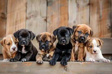 Group of Puppies Sitting on Top of a Wooden Box. Generative AI