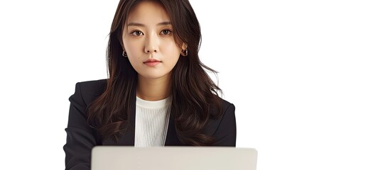 A woman of Asian descent is sitting in front of a laptop computer, focusing on her work. She appears concentrated and engaged in the task at hand.