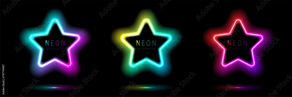 Poster set of neon light star shape frames design on a dark background. gradient glowing borders. elements 