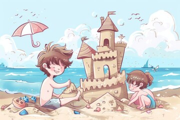 Cartoon cute doodles of children building sandcastles and playing in the sand at the beach, Generative AI