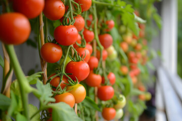 Ripe tomato plant growing in sustainable home. Fresh bunch of red natural tomatoes on a branch in organic vegetable garden. Blurry background and copy space