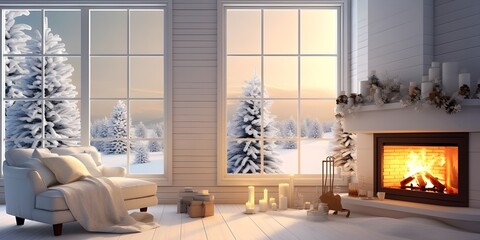 Naklejka premium Interior of classic white living room with Christmas decor Blazing fireplace burning candles elegant Christmas trees
