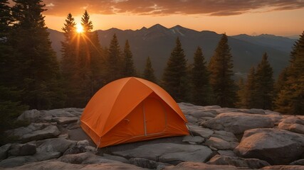 Beautiful shot of an orange tent on rocky mountain surrounded by trees during sunset