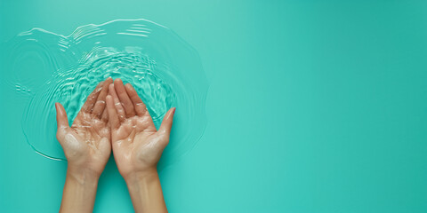 Cupped female hands splashing clear water on a serene turquoise background, depicting hygiene, freshness, and the concept of World Water Day