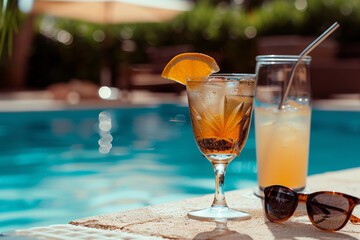 an alcohol drinks by the swimming pool bokeh style background - obrazy, fototapety, plakaty