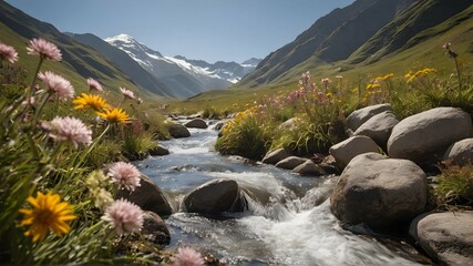 Water stream surrounded by mountains and flowers on a sunny day