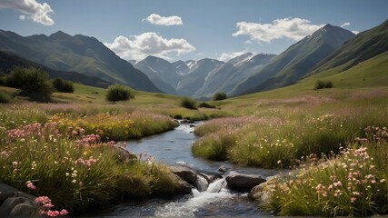 Fototapeta na wymiar Water stream surrounded by mountains and flowers on a sunny day