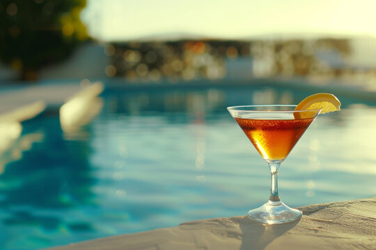 an alcohol drinks by the swimming pool bokeh style background