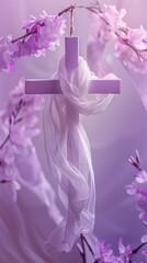 Good friday a day of prayer and fasting - White cloth wave hung on Cross crucifix, soft purple tone style design