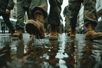 close up of soldiers boots walking - obrazy, fototapety, plakaty