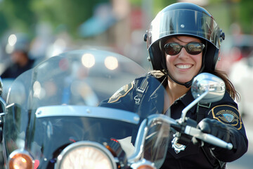 policewoman riding a motorcycle bokeh style background