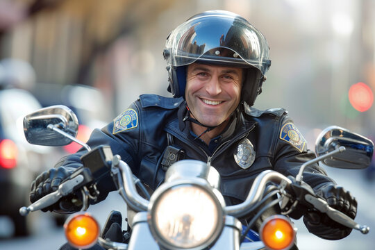 policeman riding a motorcycle bokeh style background