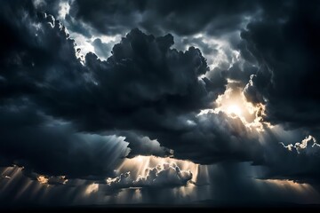 Dramatic background with black copyspace. Dark sky, sunlight from above, lightning