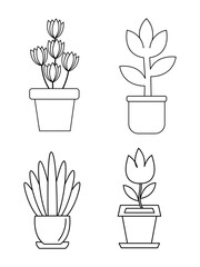 Fototapeta premium Flowers and pots, interior design, beautiful flowers plants, Plant outline drawing vector set, succulents in pots. Flowers in a pot.