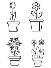 Flowers and pots, interior design, beautiful flowers plants, Plant outline drawing vector set, succulents in pots. Flowers in a pot.