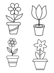 Flowers and pots, interior design, beautiful flowers plants, Plant outline drawing vector set, succulents in pots. Flowers in a pot.