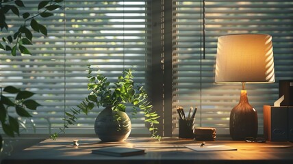 Home office nook warmly lit by the afternoon sun, featuring a wooden desk and greenery - obrazy, fototapety, plakaty