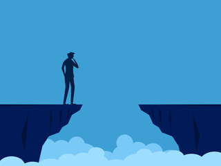 Businessman standing and thinking on a high cliff gap - obrazy, fototapety, plakaty