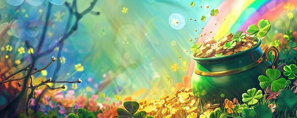 Leprechauns bounty, Pot of gold, rainbow backdrop a magical St. Patricks Day illustration, blending whimsy with the vibrant spirit of the holiday.