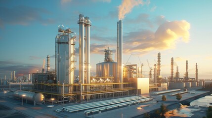Sunset view of industrial refinery with smokestacks and storage tanks