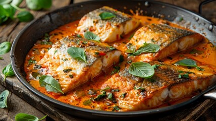 Succulent fish fillets simmered in a vibrant tomato sauce in a rustic kitchen setting for a homely meal