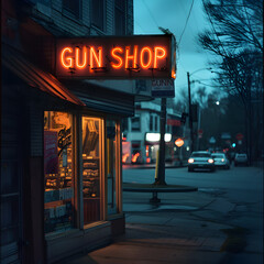 Fototapeta na wymiar Gun shop on a city street with a bright neon sign 