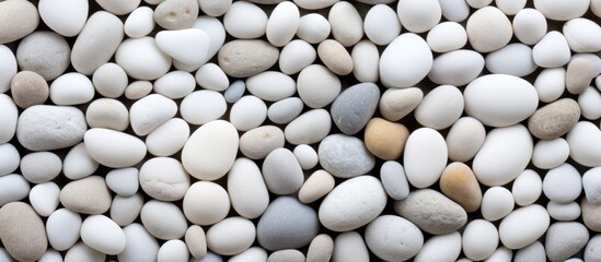 Close-up view of a group of smooth white rocks piled next to each other, creating a textured background of round stones.