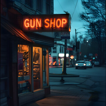 Gun shop on a city street with a bright neon sign 