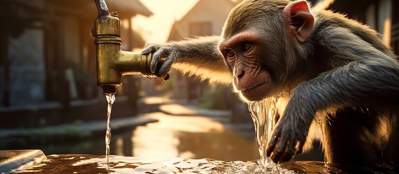 Portrait of a group of Javanese monkeys drinking water in a river to stave off hunger