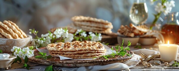 Matzoh bread with kiddush and seder. Jewish Passover holiday